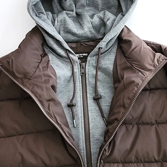 Kenneth Cole New York Men's Brown Puffer Winter Coat Grey Hood  Pockets Size Med - Picture 6 of 14